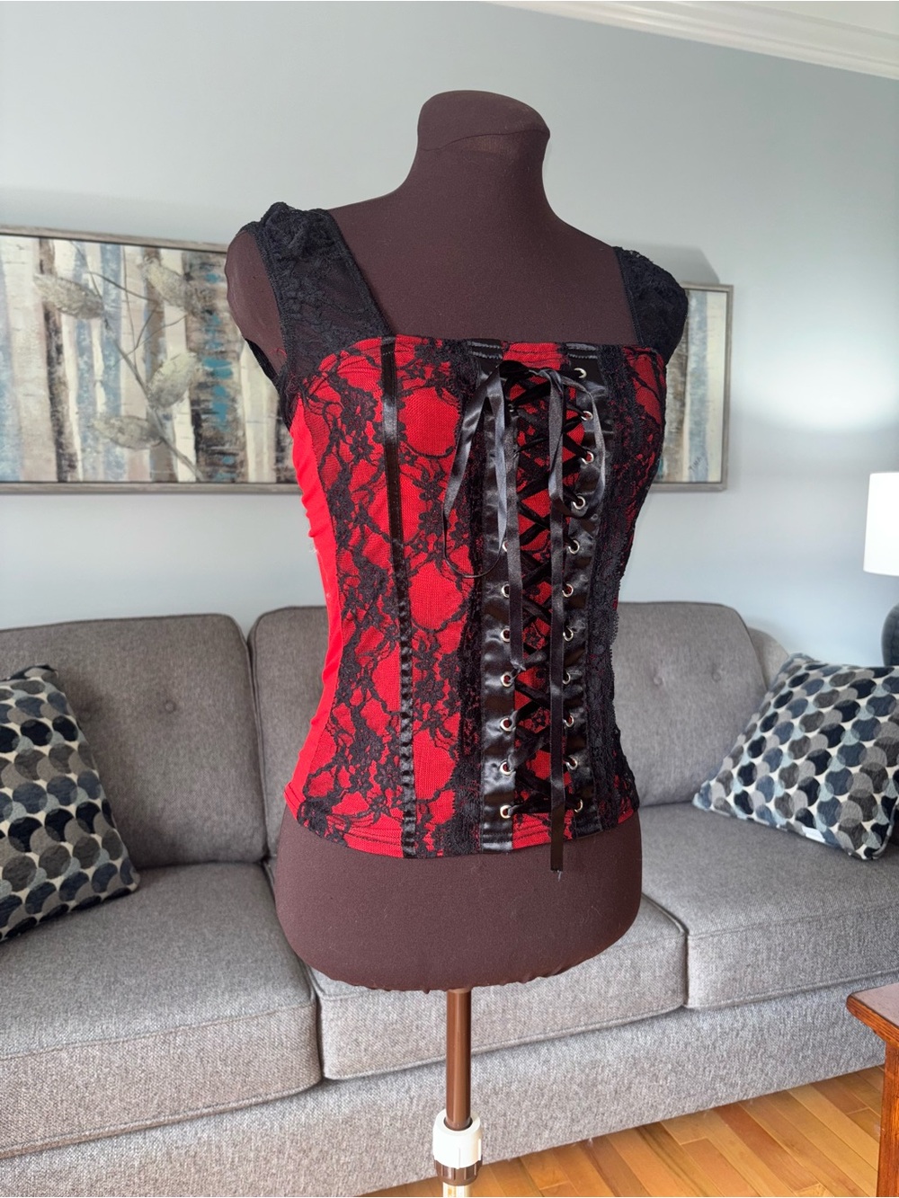 Bizz Girl Y2K Red Satin Corset Top with Black Lace Trim